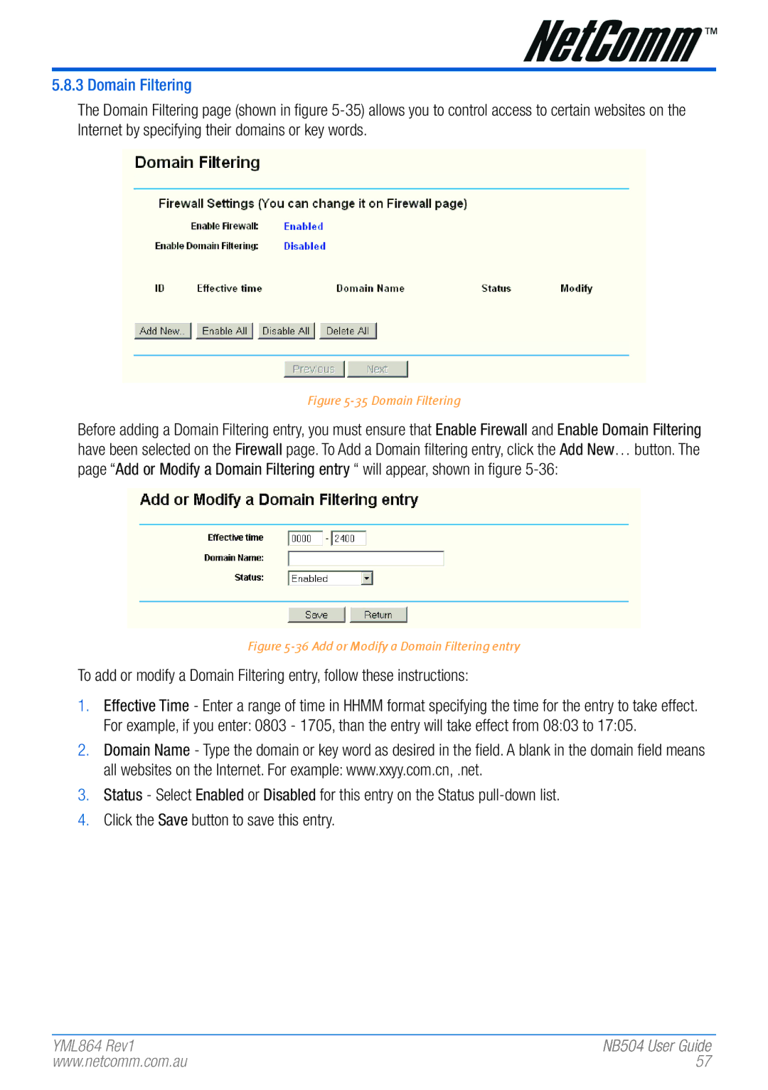 NetComm NB504 manual Domain Filtering 