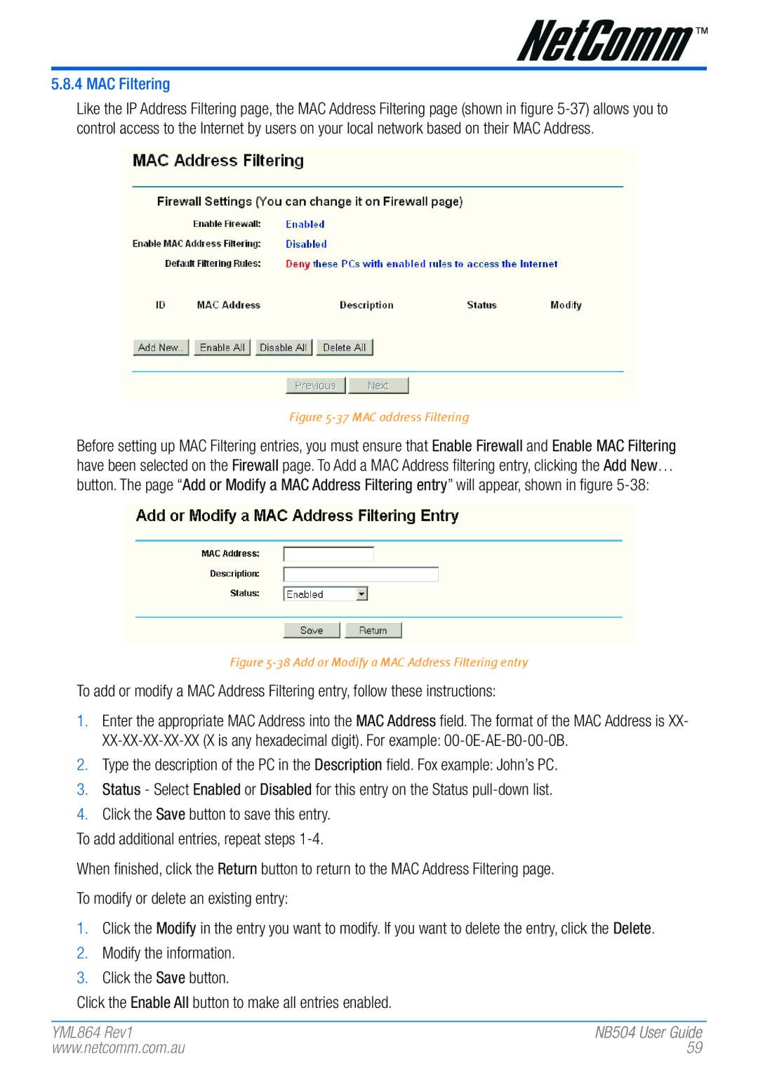 NetComm NB504 manual MAC address Filtering 