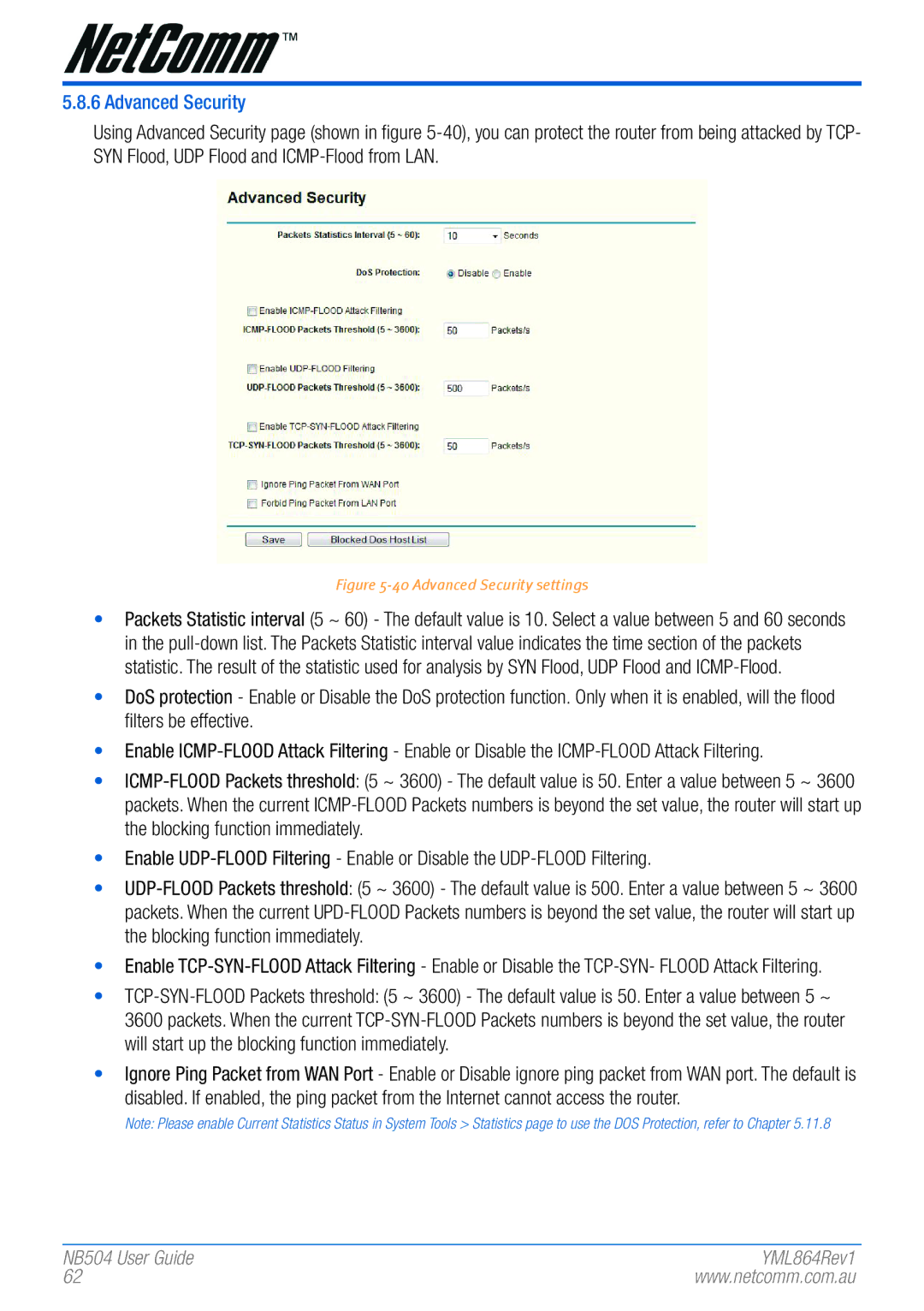 NetComm NB504 manual Advanced Security settings 