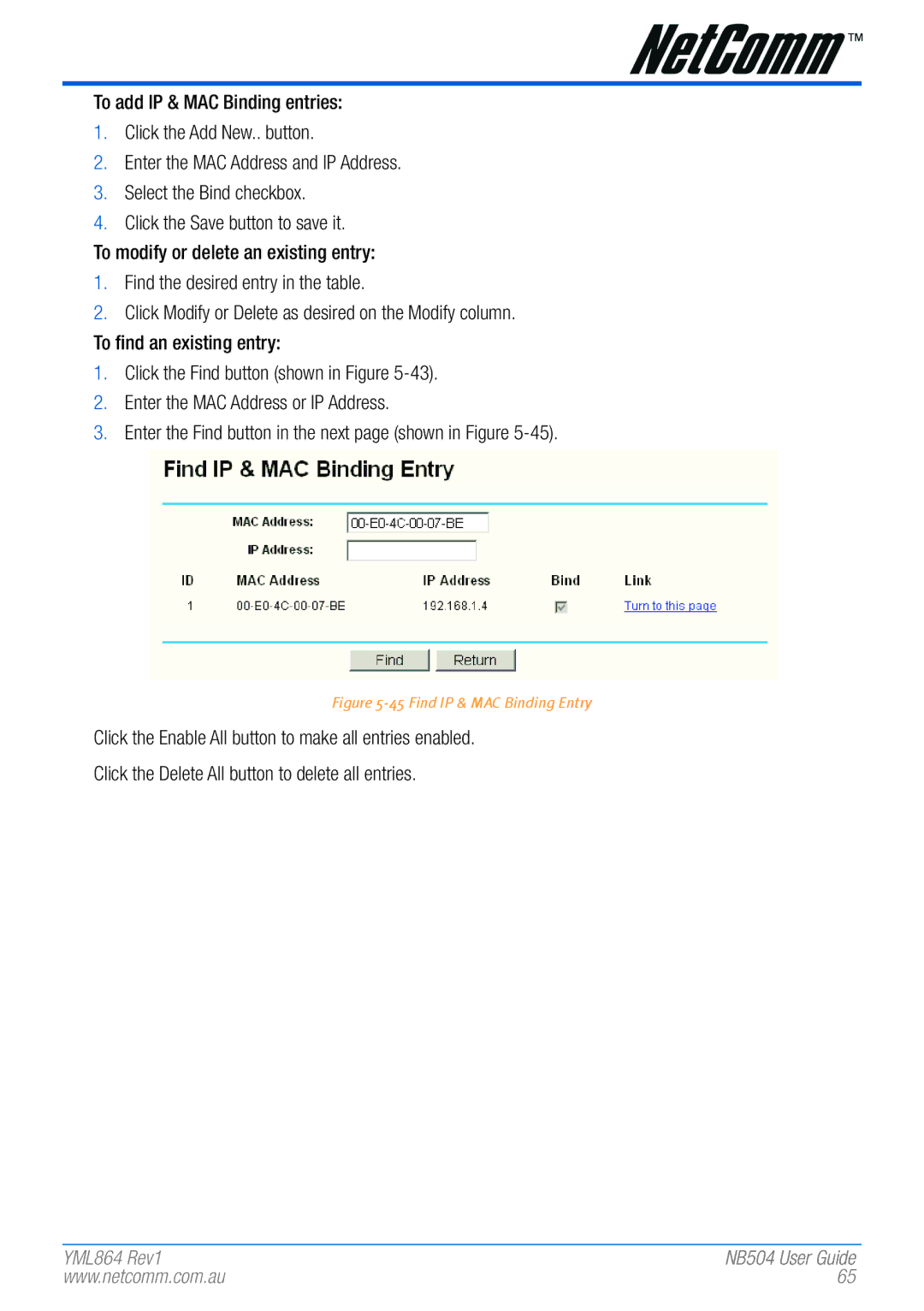 NetComm NB504 manual Find IP & MAC Binding Entry 