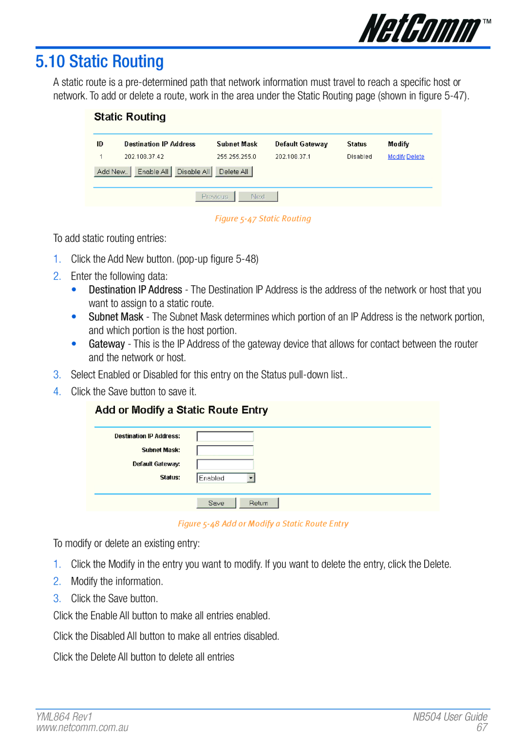 NetComm NB504 manual Static Routing 