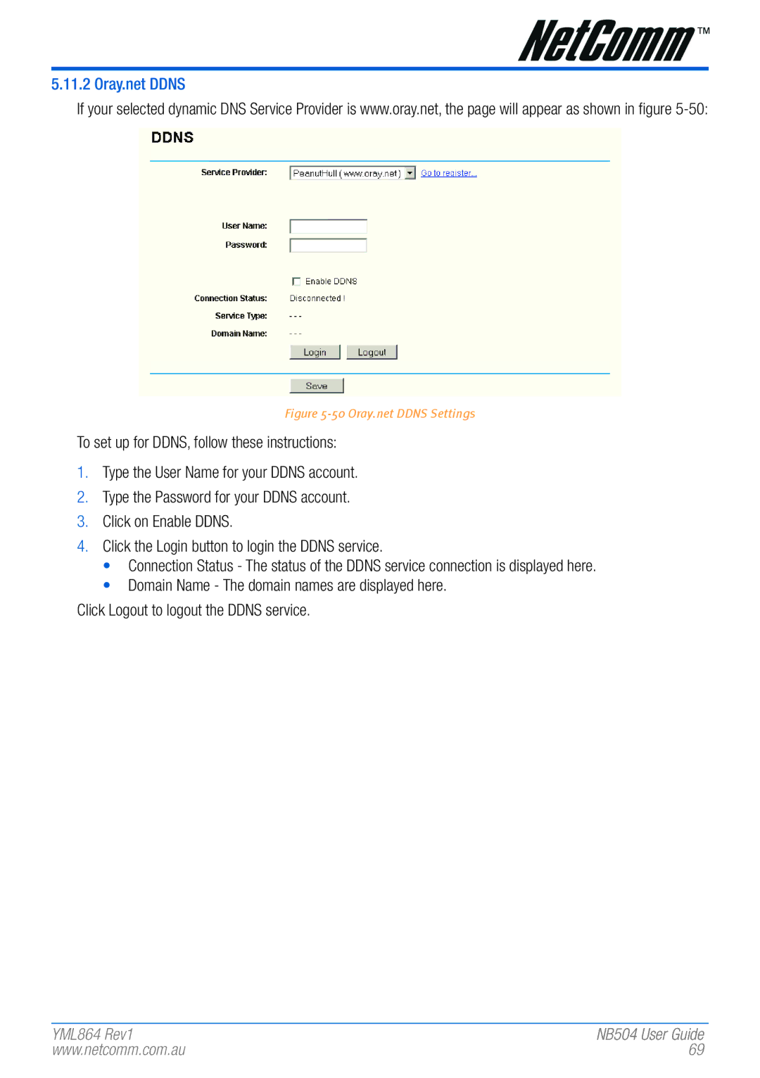 NetComm NB504 manual Oray.net Ddns Settings 