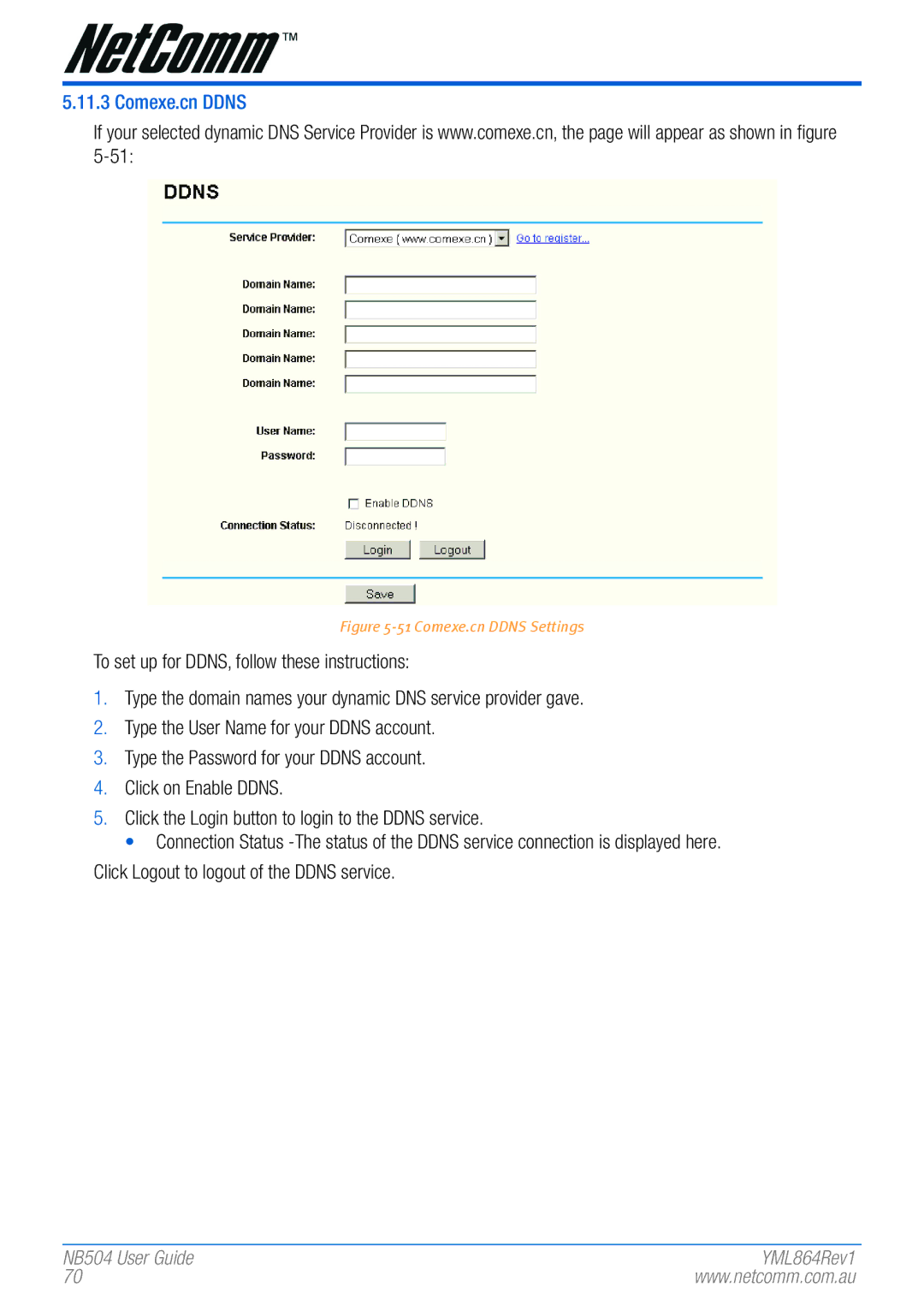 NetComm NB504 manual Comexe.cn Ddns Settings 