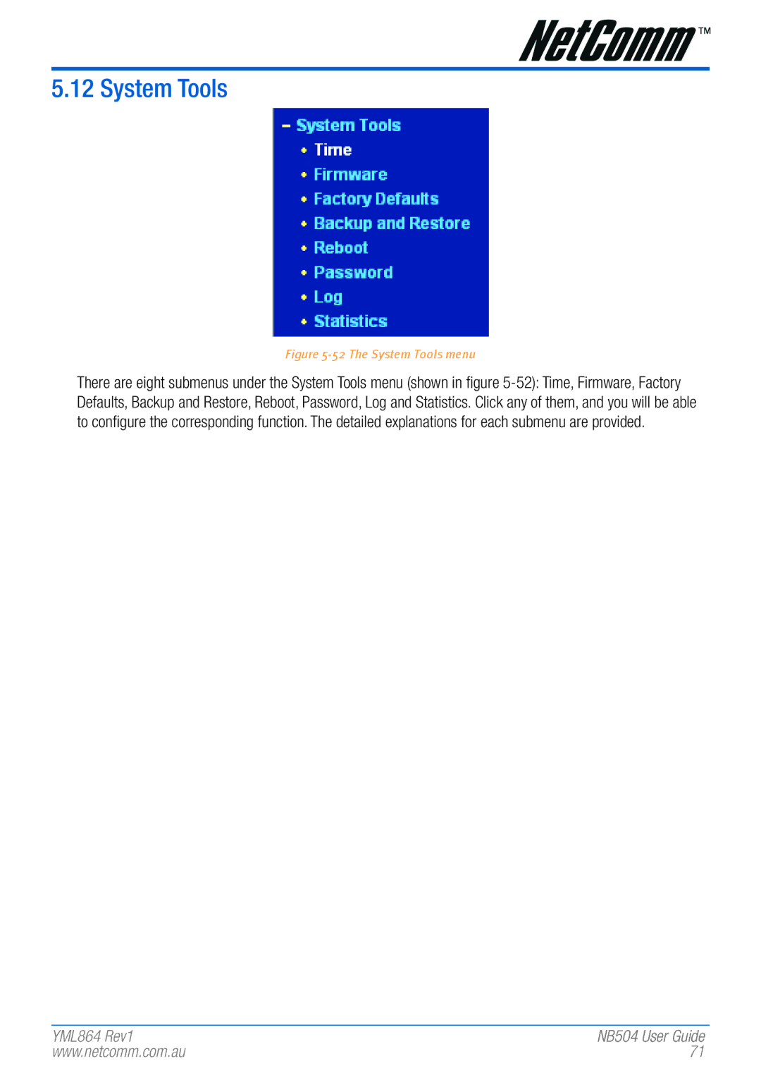 NetComm NB504 manual The System Tools menu 