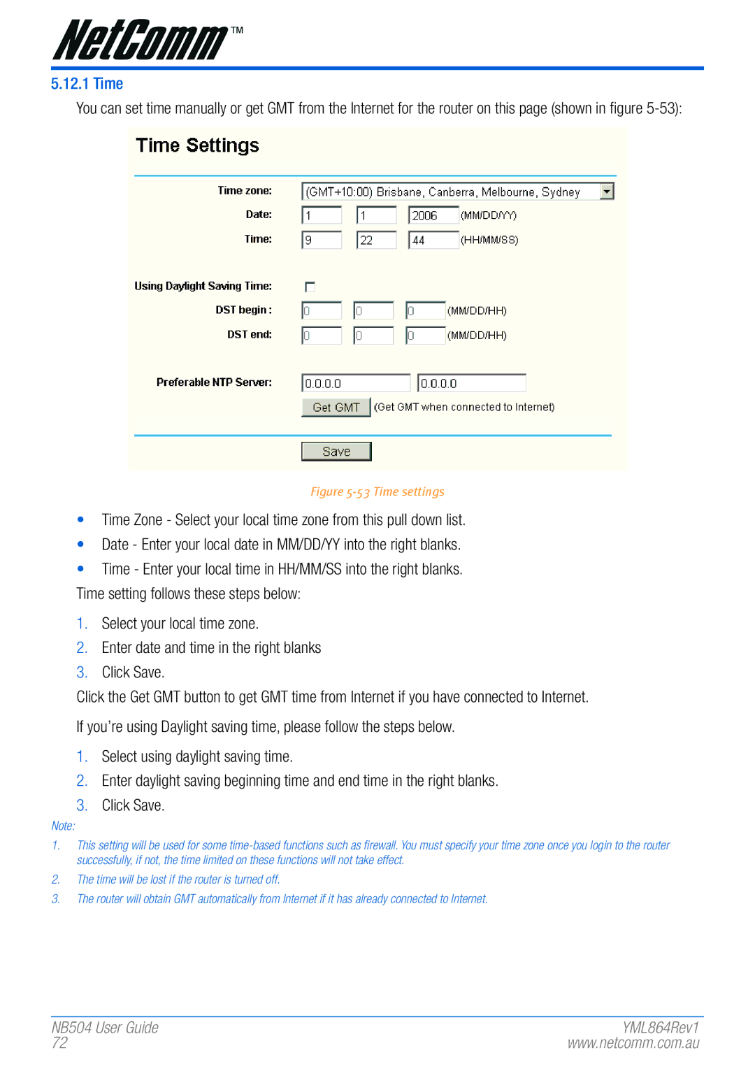 NetComm NB504 manual Time settings 