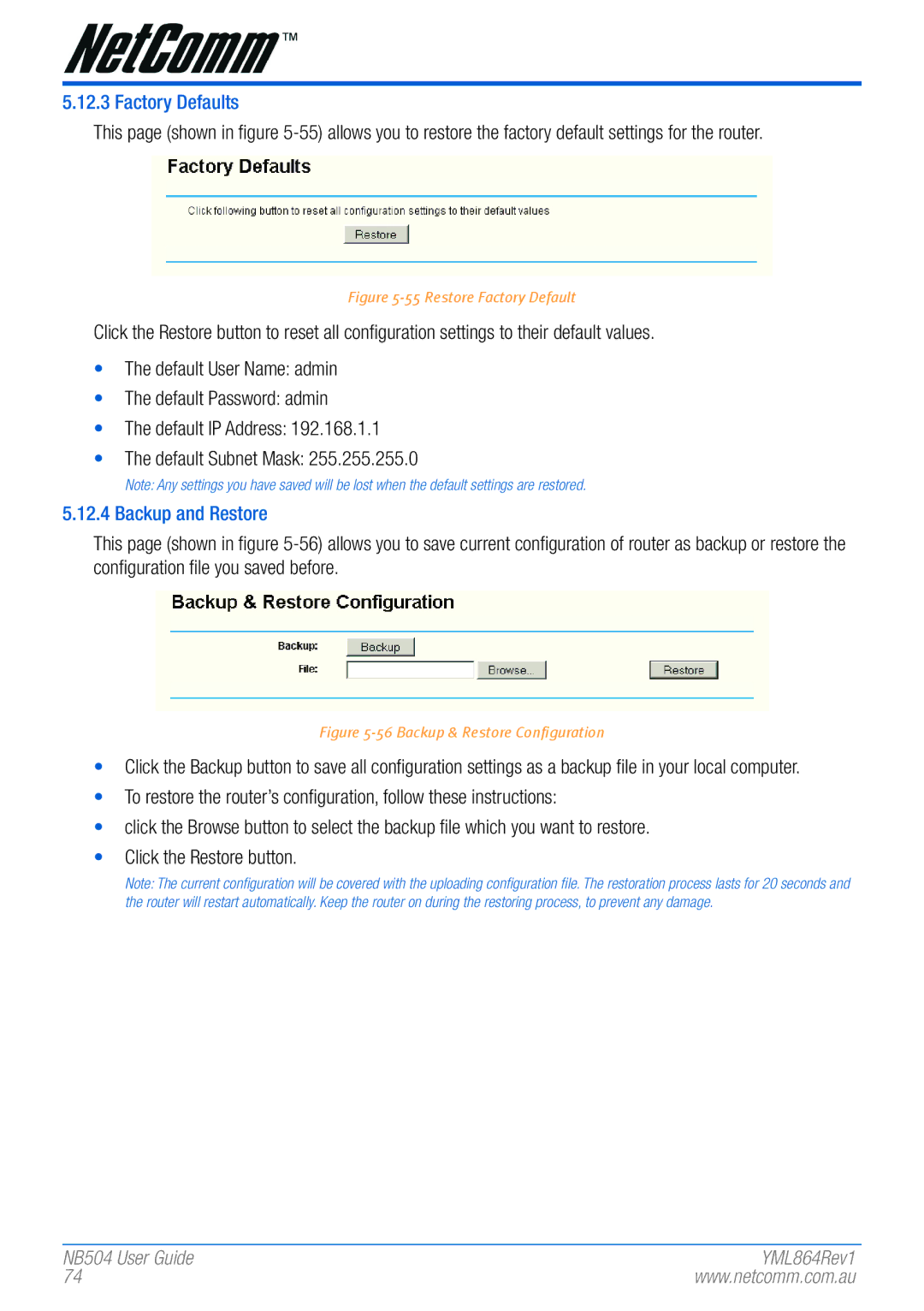 NetComm NB504 manual Factory Defaults, Backup and Restore 