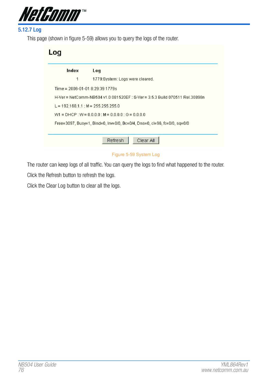 NetComm NB504 manual 12.7 Log, System Log 