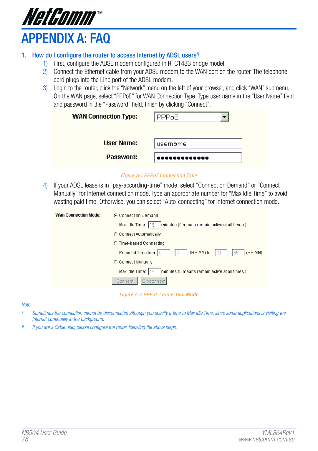 NetComm NB504 manual Appendix a FAQ, Figure A-1 PPPoE Connection Type 