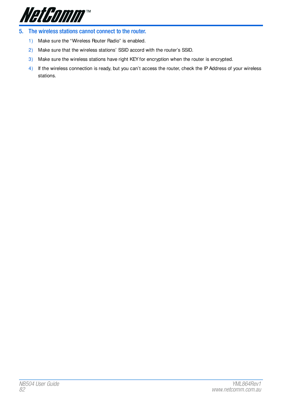 NetComm NB504 manual Wireless stations cannot connect to the router 