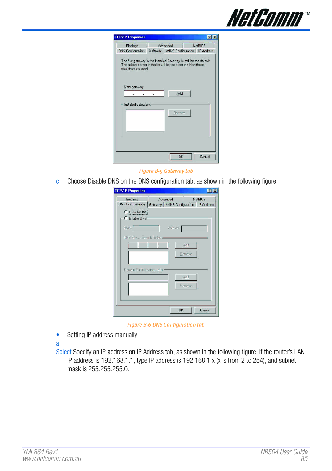 NetComm NB504 manual Figure B-5 Gateway tab 