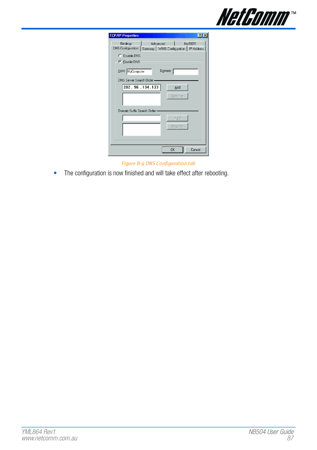 NetComm NB504 manual Figure B-9 DNS Configuration tab 