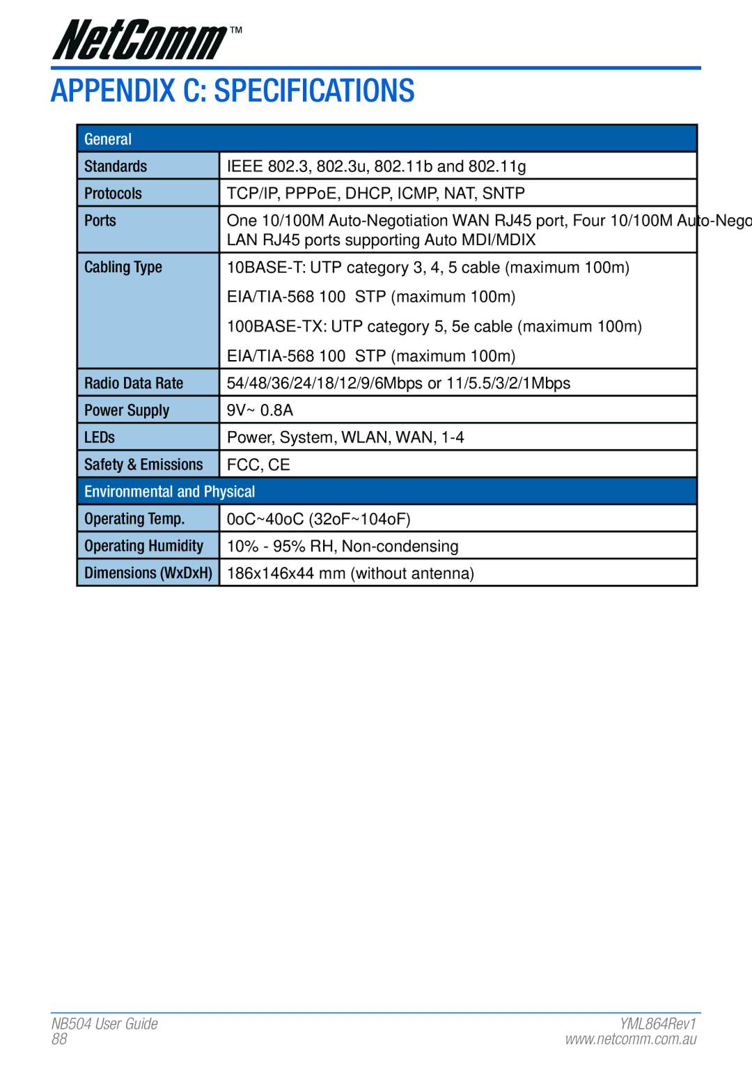 NetComm NB504 manual Appendix C Specifications, General 