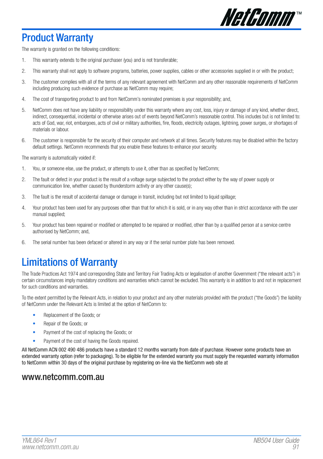 NetComm NB504 manual Product Warranty, Limitations of Warranty 