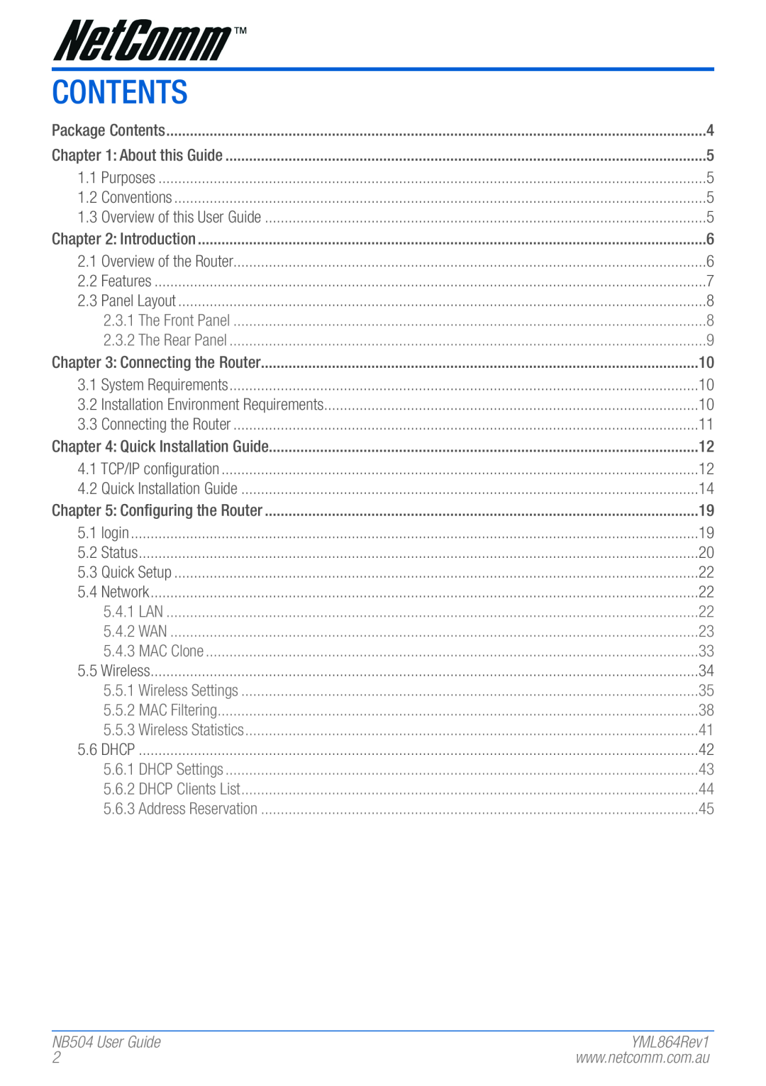 NetComm manual Contents, NB504 User Guide 