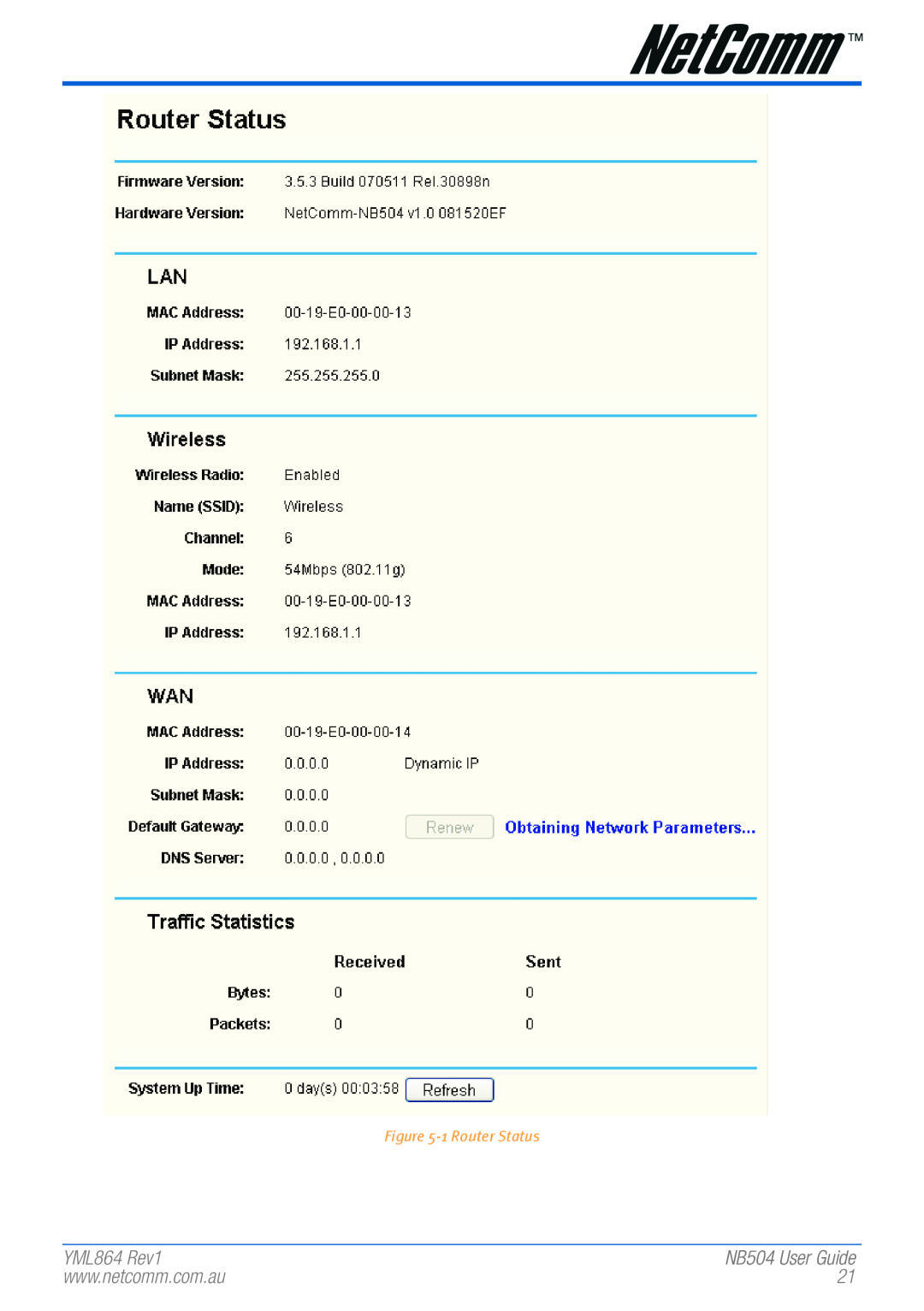 NetComm manual YML864 Rev1, 1 Router Status, NB504 User Guide 