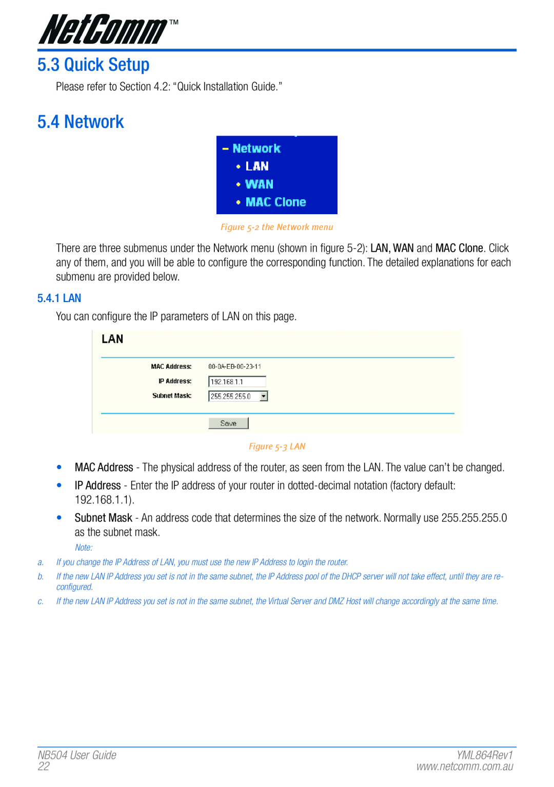 NetComm manual Quick Setup, 5.4.1 LAN, NB504 User Guide, 2 the Network menu, 3 LAN, YML864Rev1 