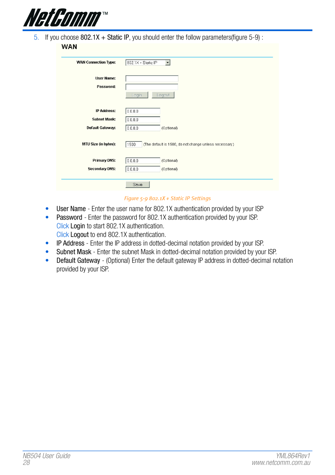 NetComm manual NB504 User Guide, 9 802.1X + Static IP Settings 