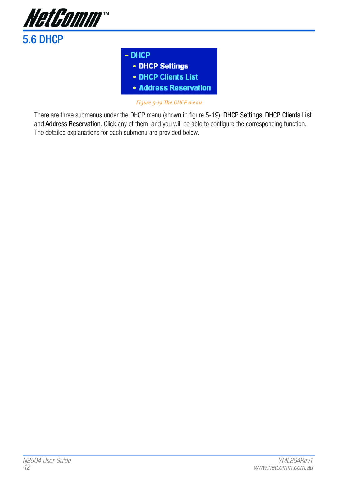 NetComm manual Dhcp, NB504 User Guide, 19 The DHCP menu, YML864Rev1 