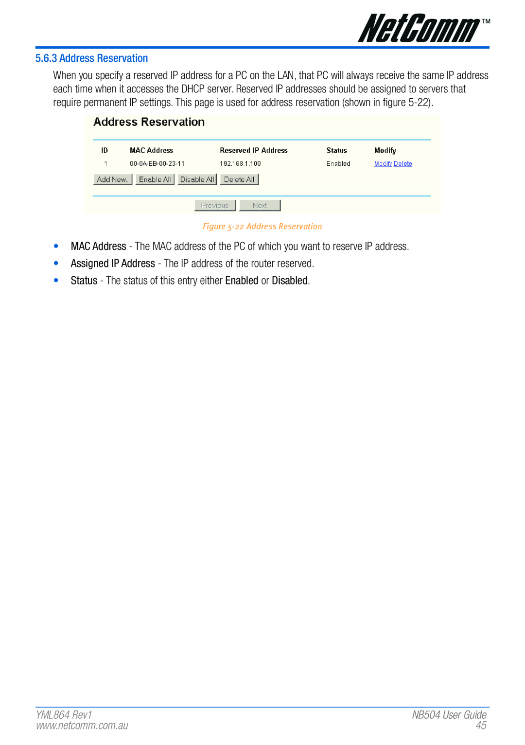NetComm manual YML864 Rev1, 22 Address Reservation, NB504 User Guide 