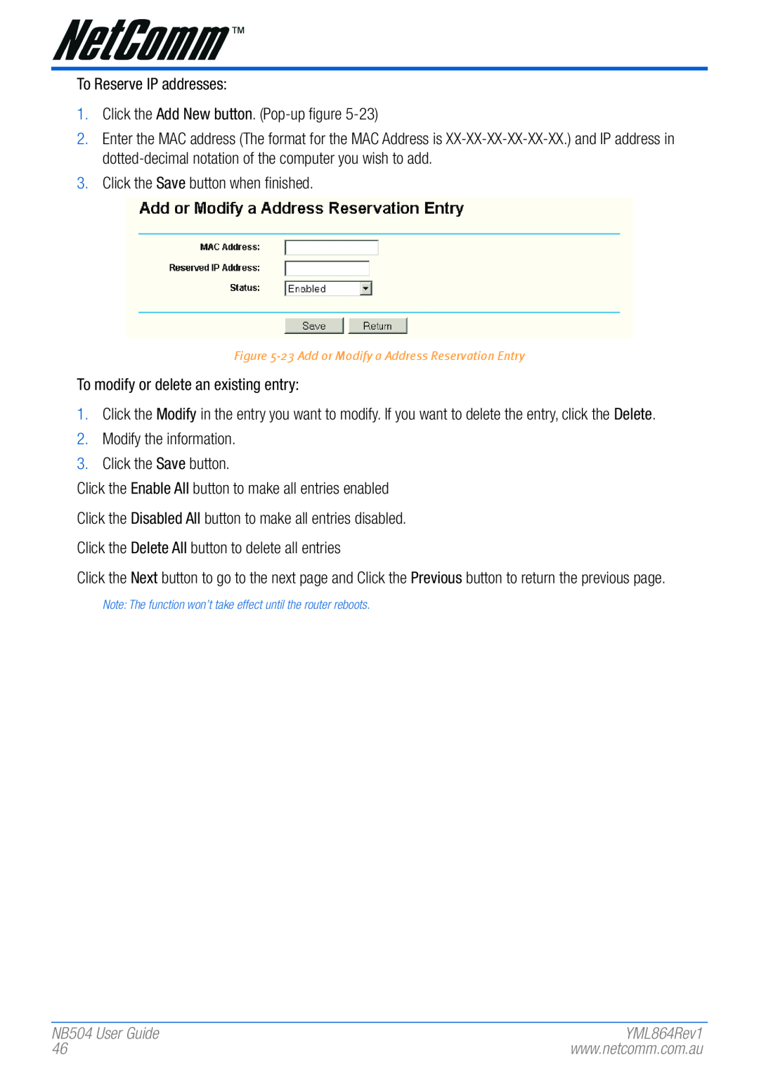 NetComm manual NB504 User Guide, 23 Add or Modify a Address Reservation Entry 