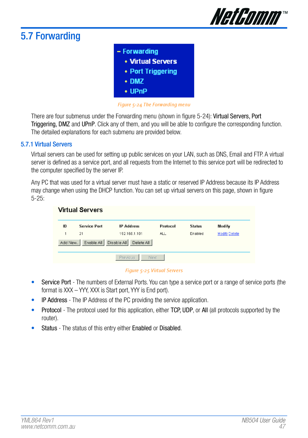 NetComm NB504 manual Forwarding, Virtual Servers, YML864 Rev1 
