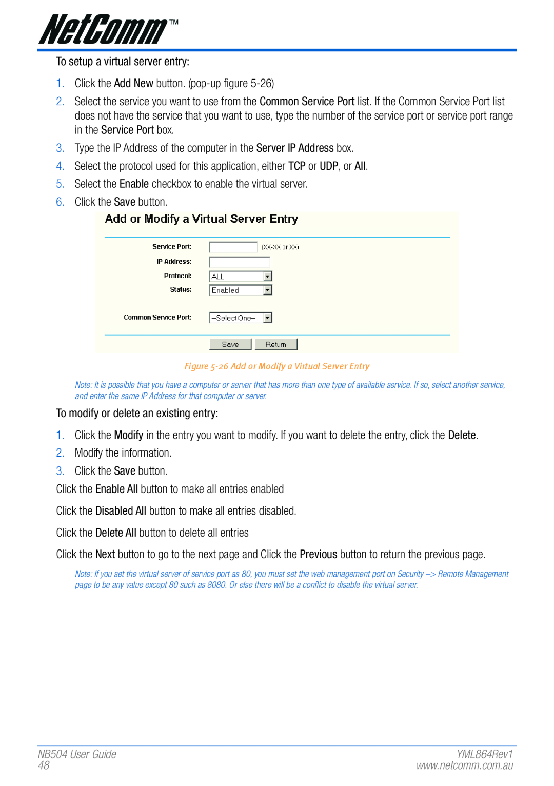 NetComm manual NB504 User Guide, 26 Add or Modify a Virtual Server Entry 