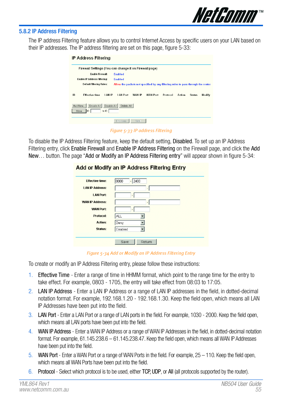 NetComm NB504 manual YML864 Rev1, 33 IP address Filtering, 34 Add or Modify an IP Address Filtering Entry 