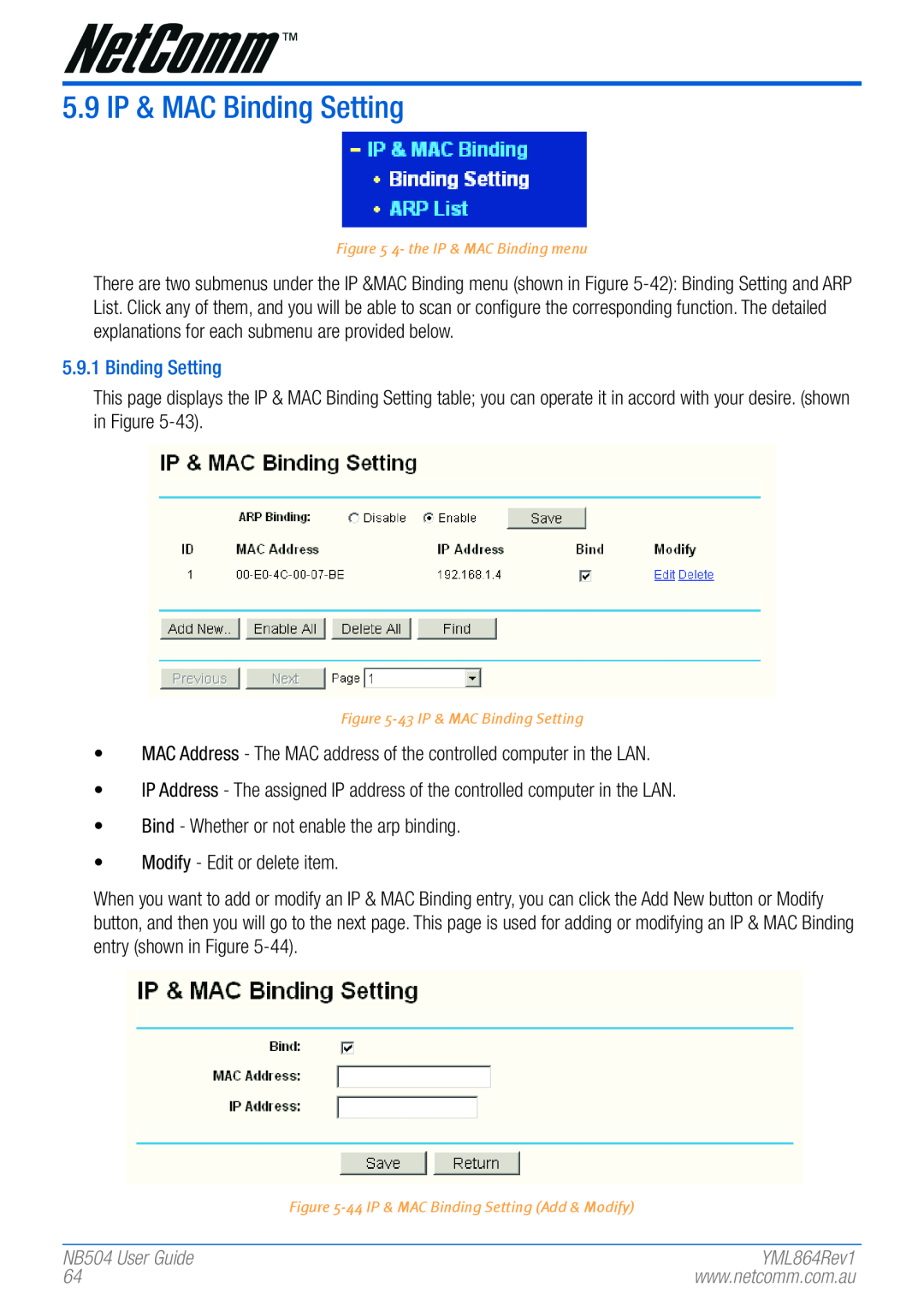 NetComm manual 5.9 IP & MAC Binding Setting, NB504 User Guide 