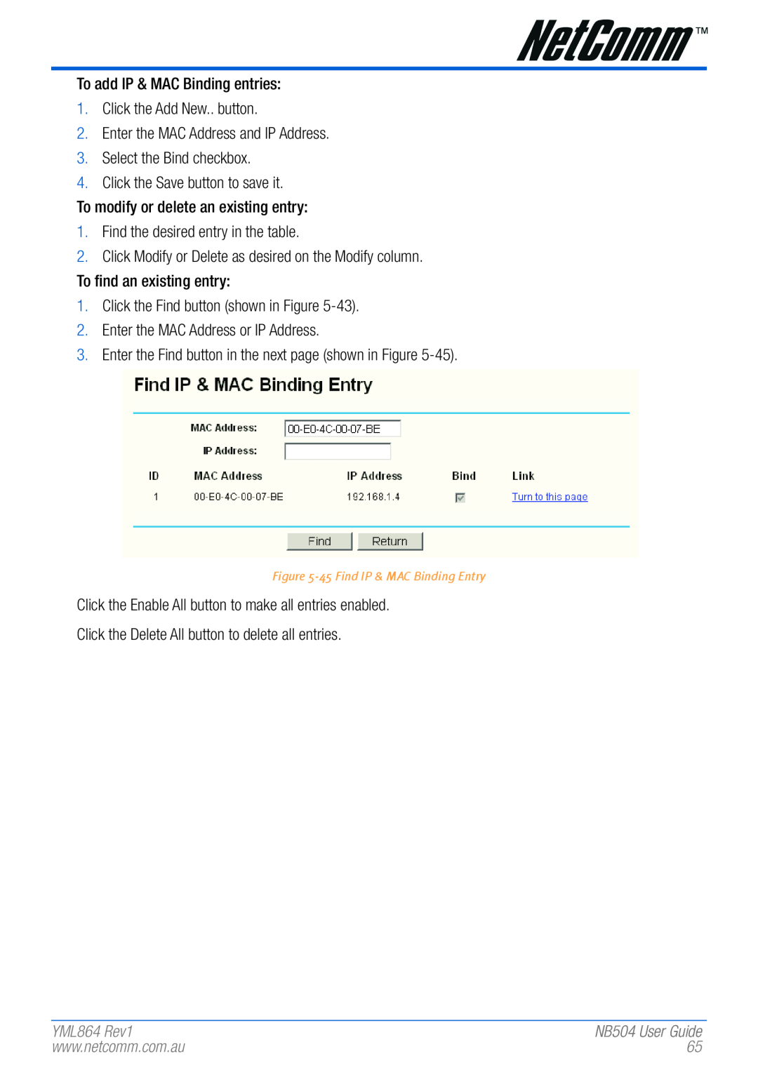 NetComm NB504 manual YML864 Rev1, 45 Find IP & MAC Binding Entry 