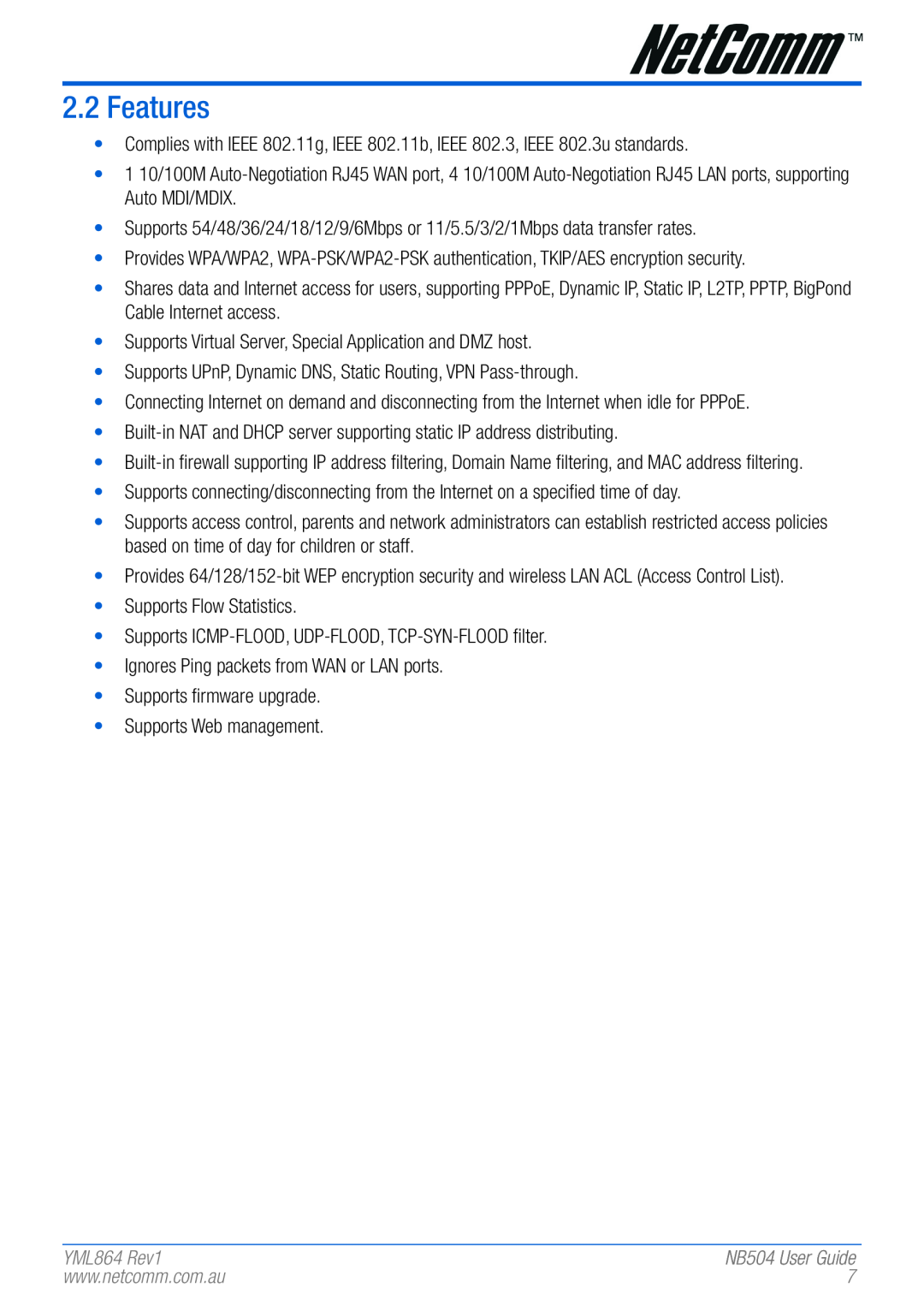 NetComm NB504 manual Features, YML864 Rev1 
