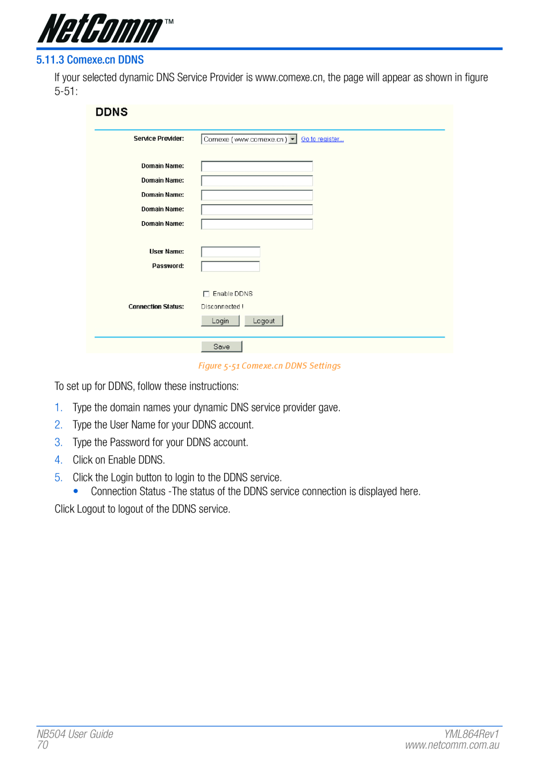 NetComm manual NB504 User Guide, 51 Comexe.cn DDNS Settings 