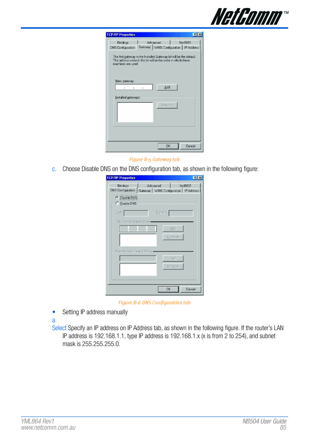 NetComm NB504 Setting IP address manually, YML864 Rev1, Figure B-5 Gateway tab, Figure B-6 DNS Configuration tab 
