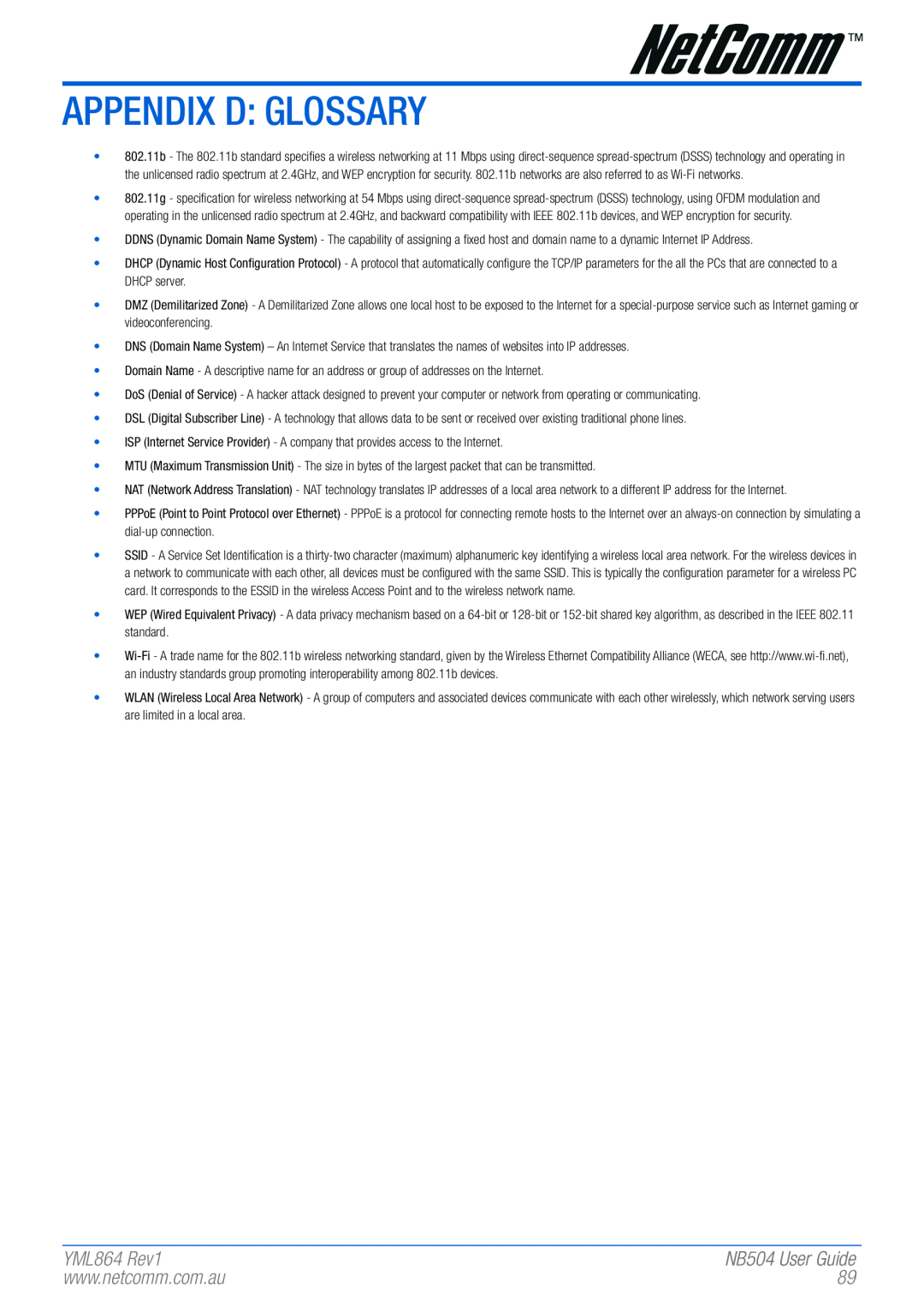 NetComm manual Appendix D Glossary, YML864 Rev1, NB504 User Guide 