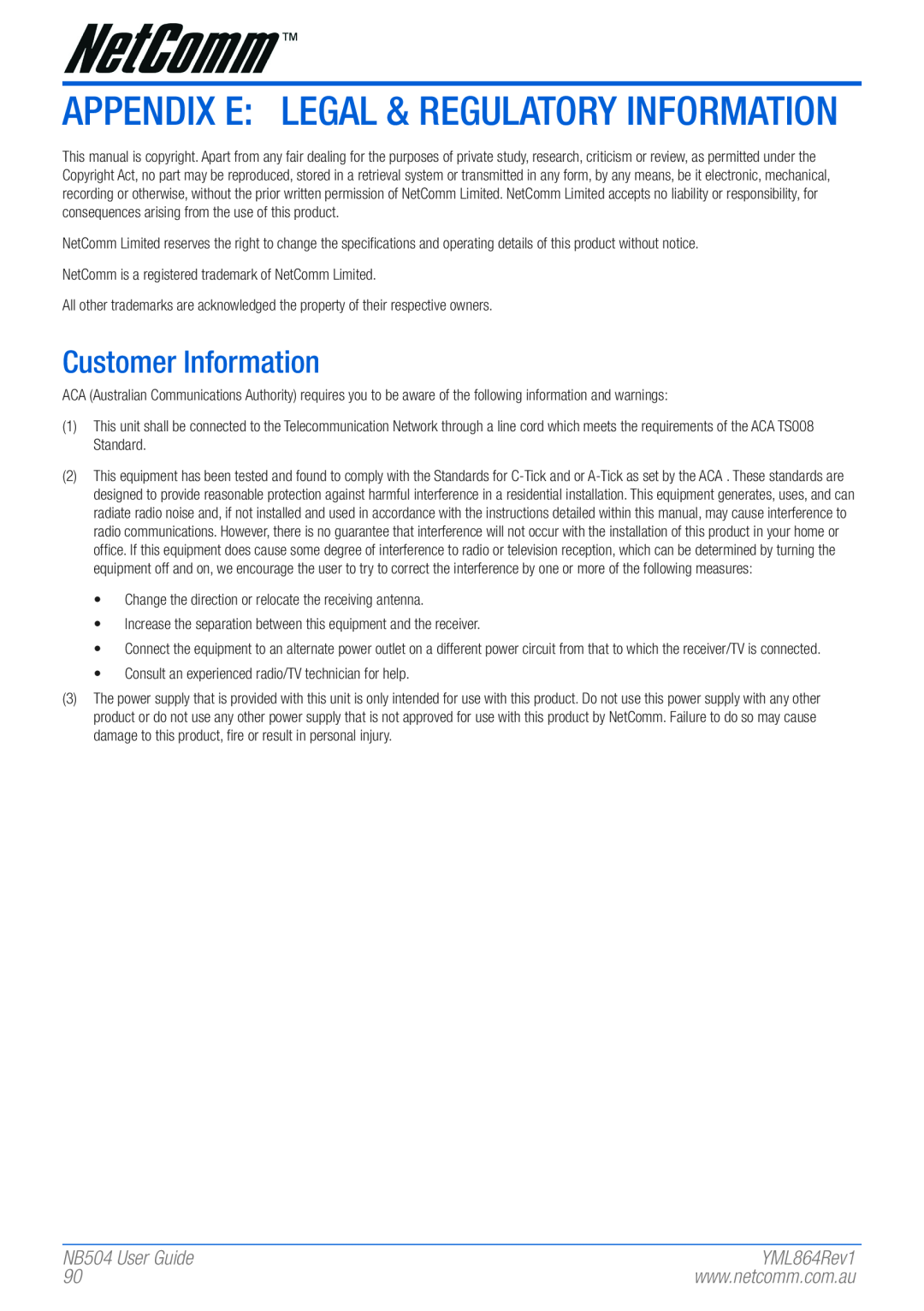 NetComm manual Appendix E Legal & Regulatory Information, Customer Information, NB504 User Guide, YML864Rev1 