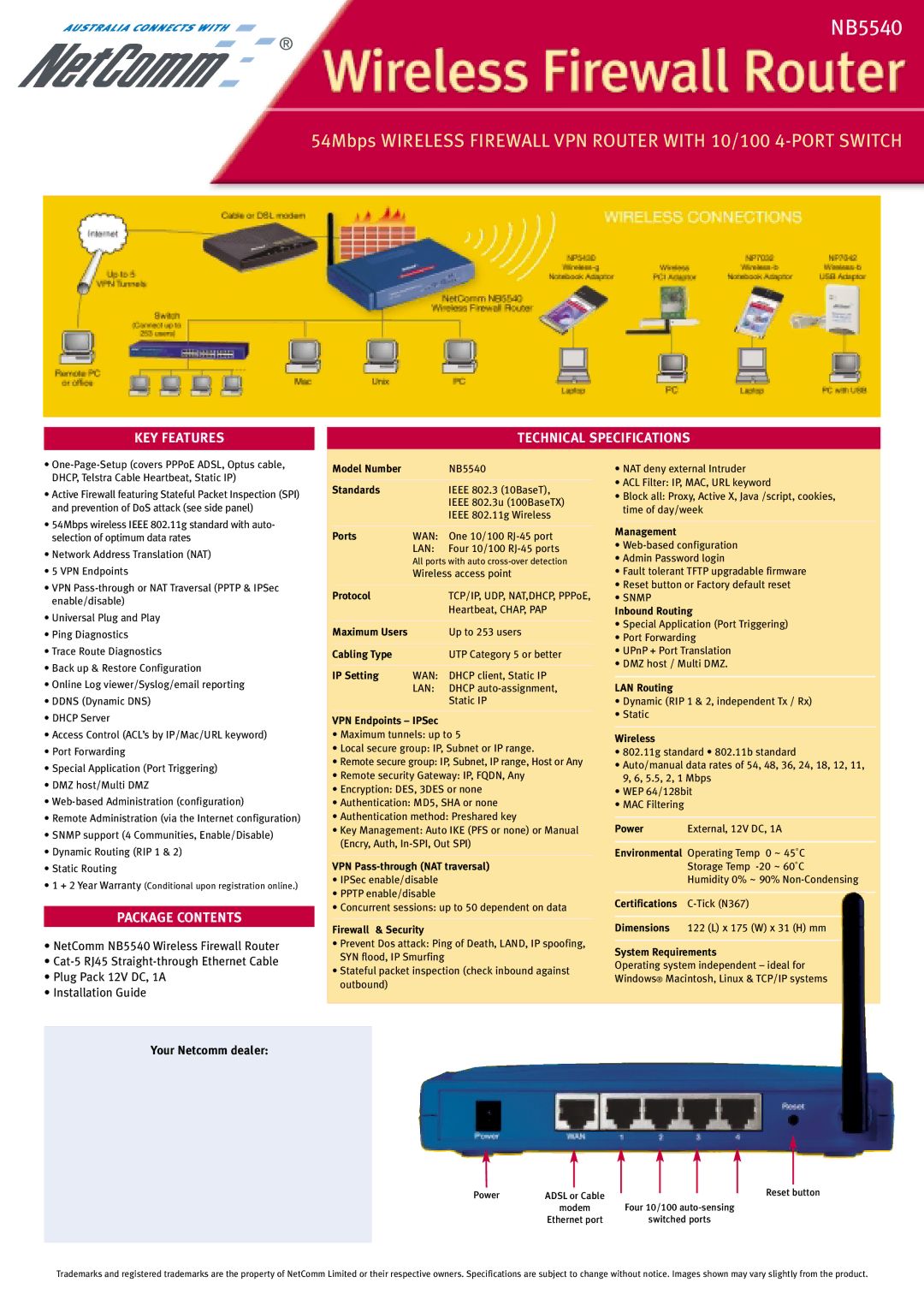 NetComm NB5540 manual KEY Features Technical Specifications 