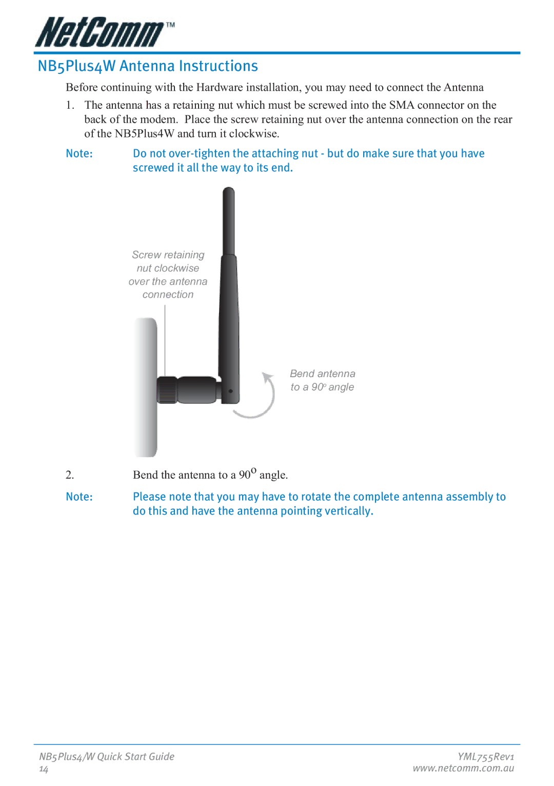 NetComm manual NB5Plus4W Antenna Instructions, Bend the antenna to a 90o angle 