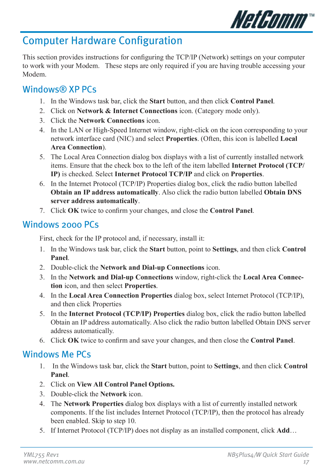 NetComm NB5Plus4 manual Computer Hardware Configuration, Windows XP PCs, Windows 2000 PCs, Windows Me PCs 