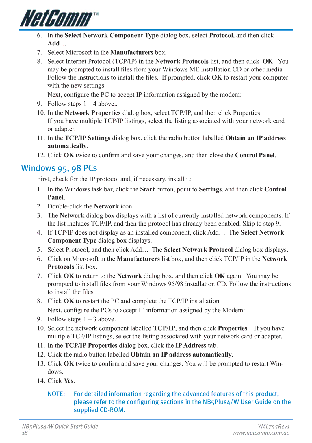 NetComm NB5Plus4 manual Windows 95, 98 PCs 