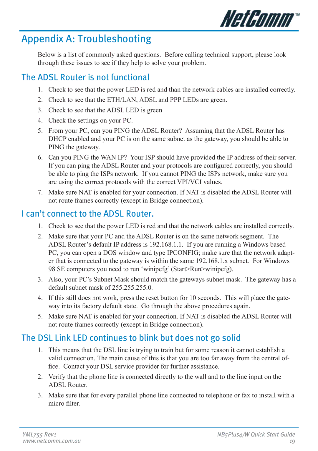 NetComm NB5Plus4 manual Appendix a Troubleshooting, Adsl Router is not functional, Can’t connect to the Adsl Router 