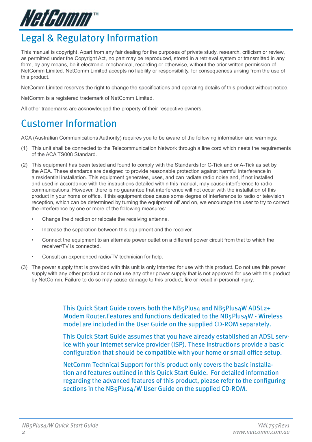 NetComm NB5Plus4 manual Legal & Regulatory Information, Customer Information 