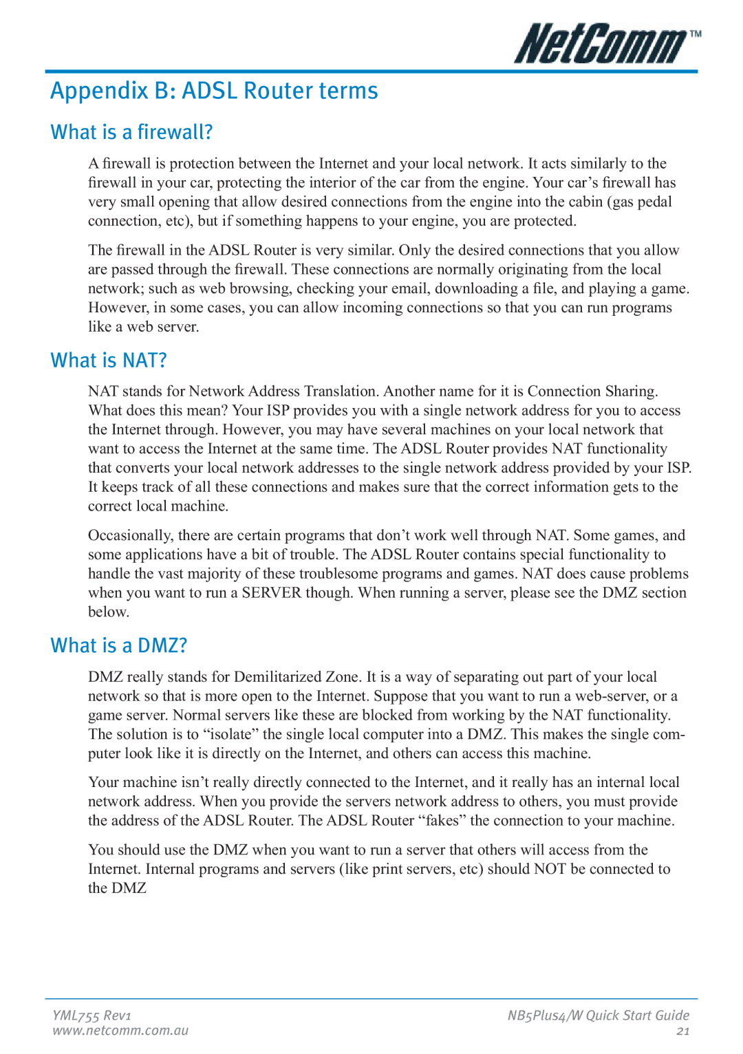 NetComm NB5Plus4 manual Appendix B Adsl Router terms, What is a firewall?, What is NAT?, What is a DMZ? 