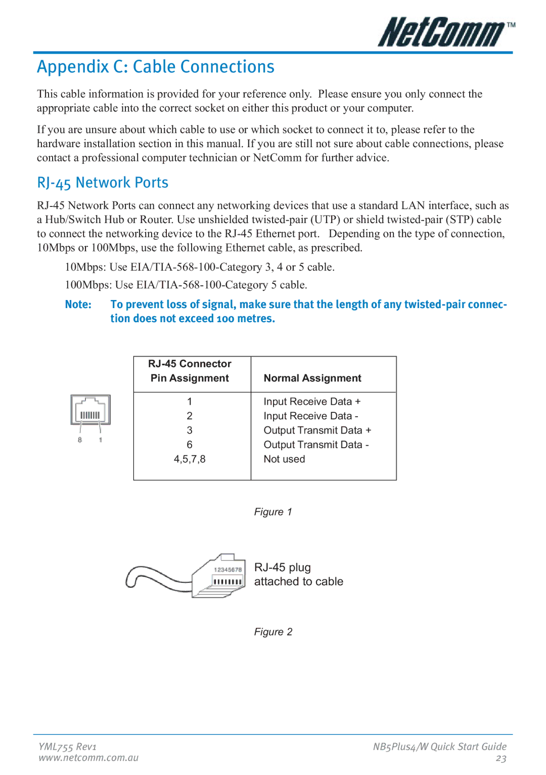 NetComm NB5Plus4 manual Appendix C Cable Connections, RJ-45 Network Ports 