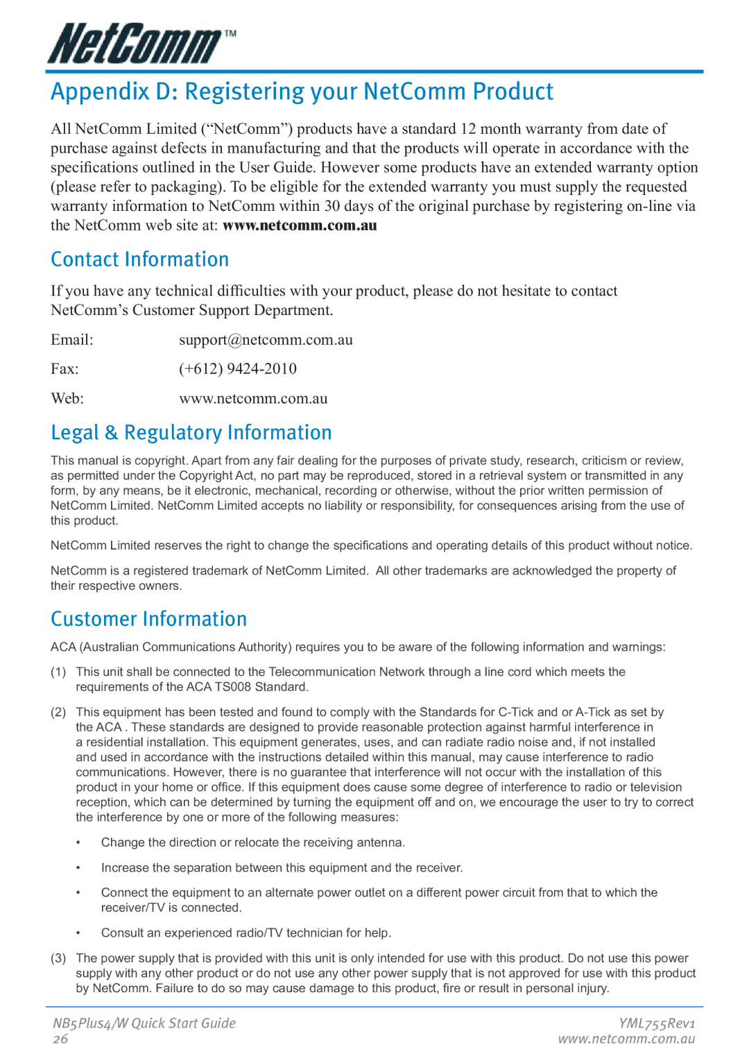 NetComm NB5Plus4 manual Appendix D Registering your NetComm Product, Contact Information, Legal & Regulatory Information 