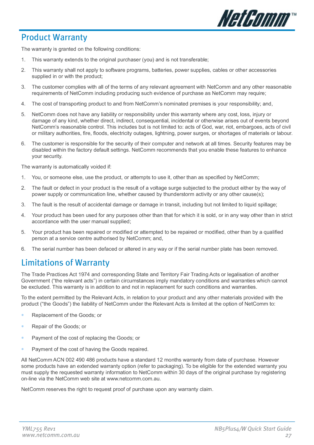 NetComm NB5Plus4 manual Product Warranty, Limitations of Warranty 