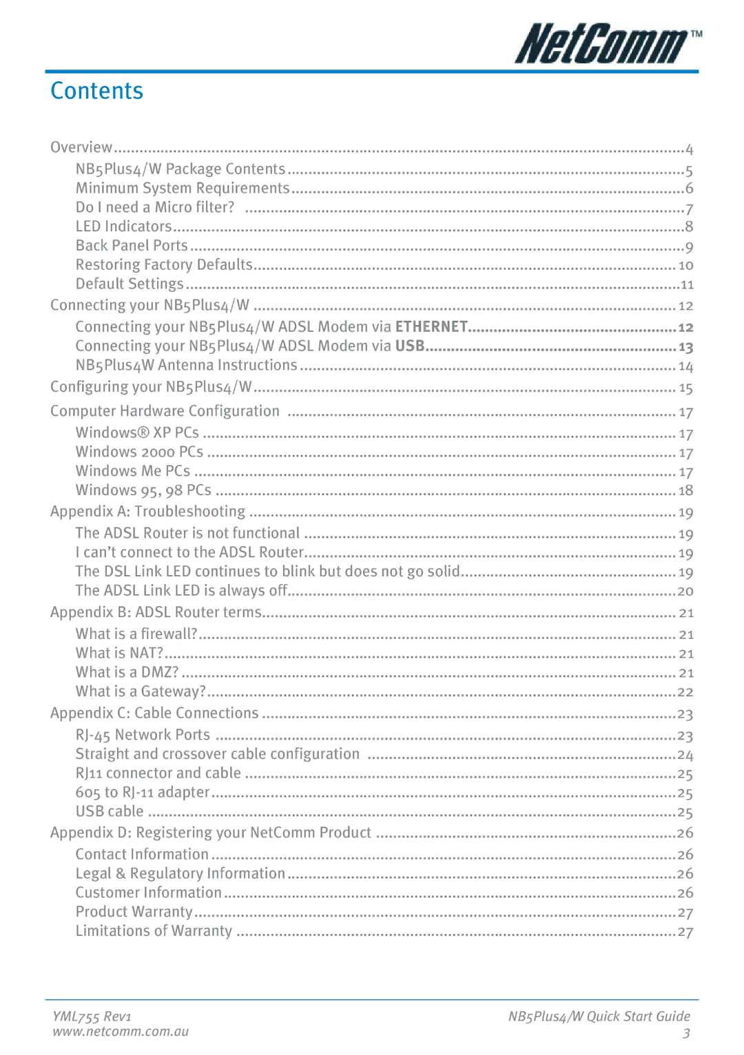 NetComm NB5Plus4 manual Contents 