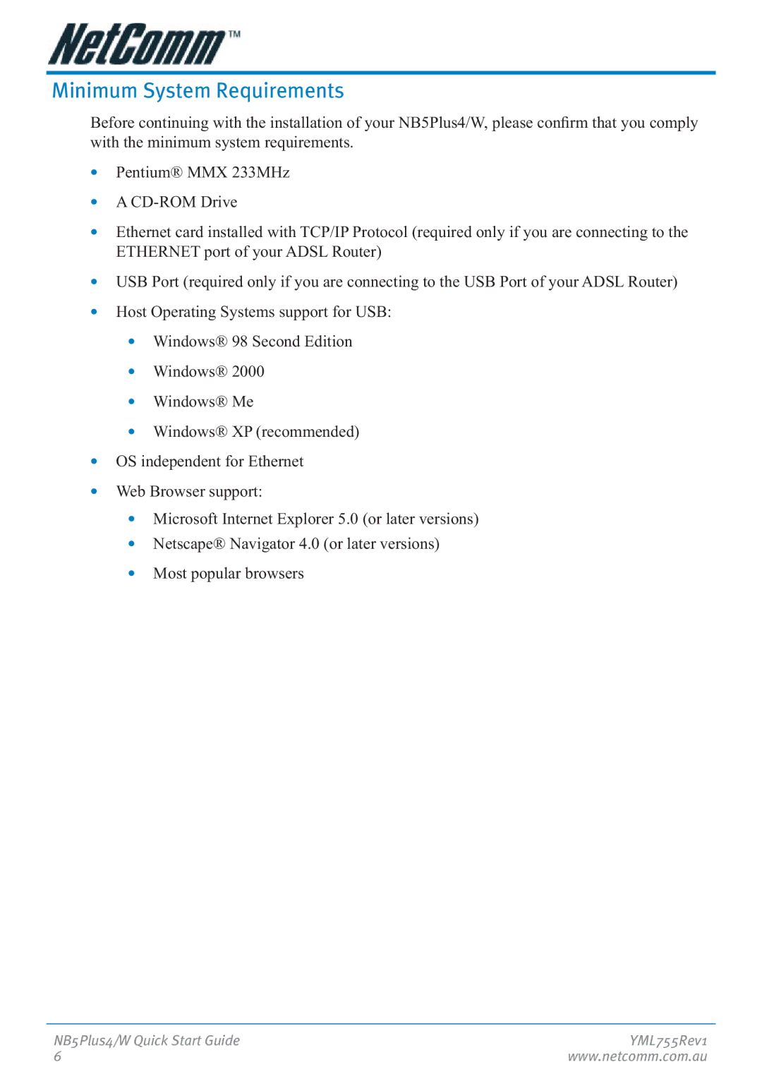 NetComm NB5Plus4 manual Minimum System Requirements 