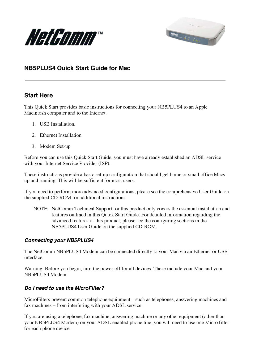 NetComm NB5Plus4 quick start NB5PLUS4 Quick Start Guide for Mac Start Here 