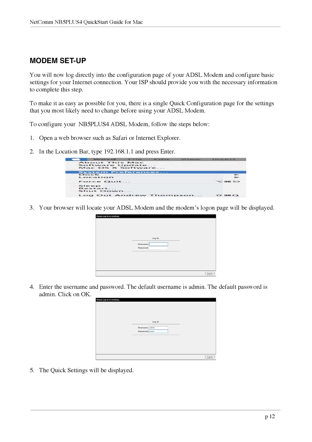 NetComm NB5Plus4 quick start Modem SET-UP 