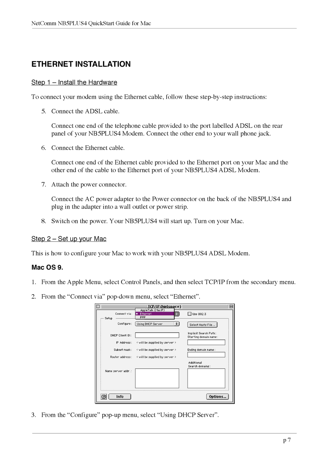 NetComm NB5Plus4 quick start Ethernet Installation, Mac OS 