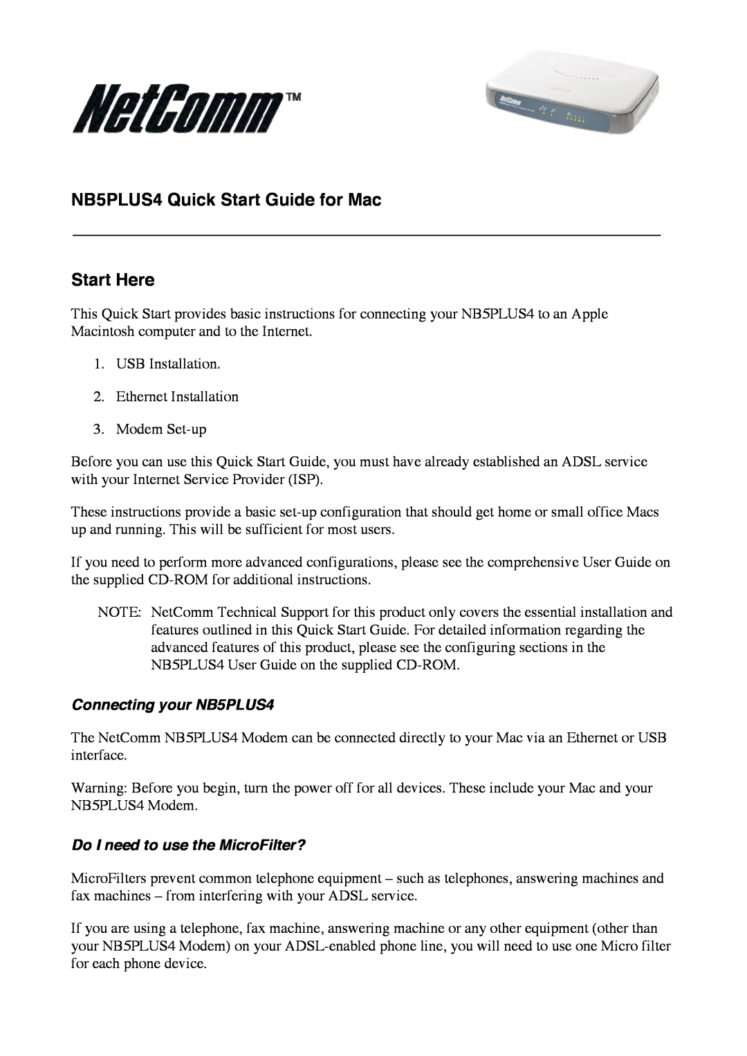 NetComm NB5Plus4 quick start NB5PLUS4 Quick Start Guide for Mac Start Here, Connecting your NB5PLUS4 